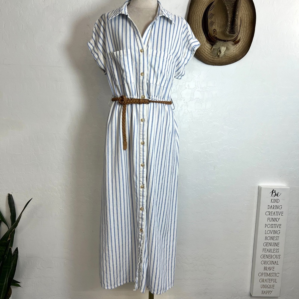 Blu Pepper Blue White Striped Linen Blend Maxi Shirtdress Belted Size L Coastal